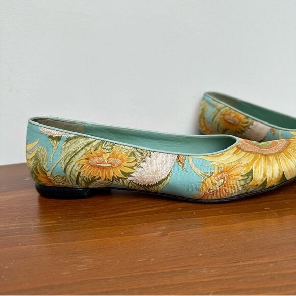 Salvatore Ferragamo Sunflower Silk Fabric Yellow Blue Flats 8.5 - Picture 7 of 12